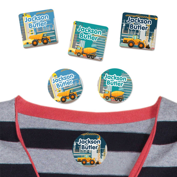 Construction peel and stick clothing labels for kids — clothing stickers made to order