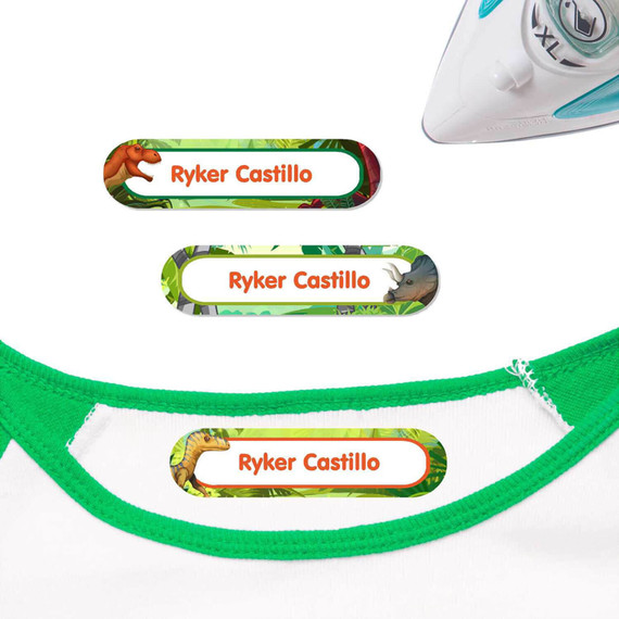 Dinosaurs Roam iron on nametags for clothes — personalized iron-on clothing labels for kids