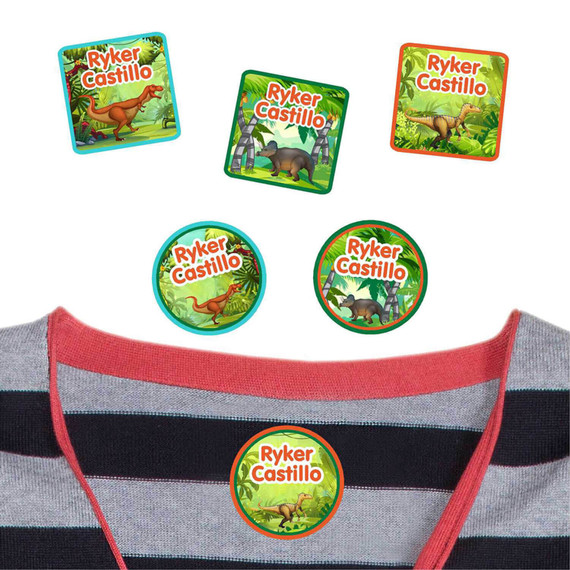 Keep your child's shirts safe with Dinosaurs Roam iron on clothing name labels. High-performance tags for school clothes.