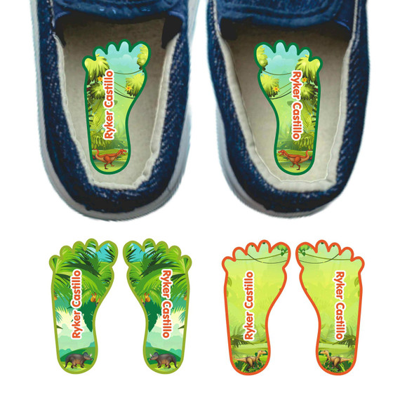Dinosaurs Roam foot labels for shoes — left and right foot-shaped shoe stickers