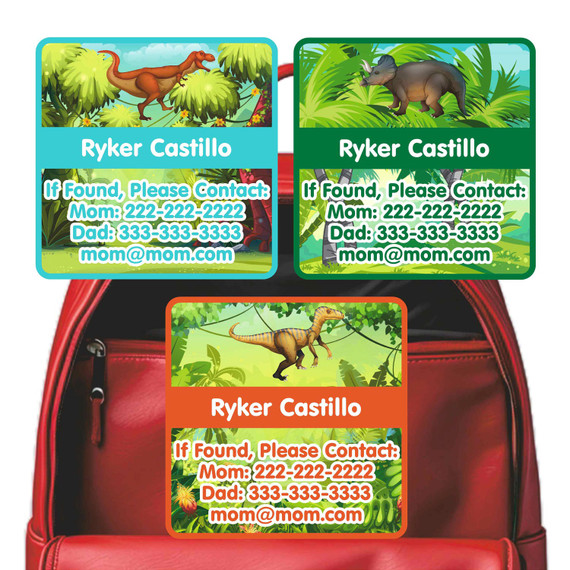 Dinosaurs Roam emergency contact stickers with jungle scene Dinosaurs Roam emergency contact stickers with jungle scene