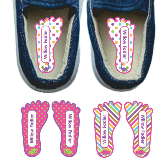 Dinosaur Friends foot labels for shoes — left and right foot-shaped shoe stickers