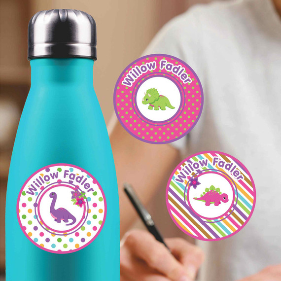Dinosaur Friends medium round labels — waterproof circle name stickers for kids