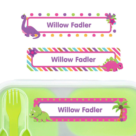 Dinosaur Friends large rectangle name labels — waterproof sticker labels for school supplies and water bottles