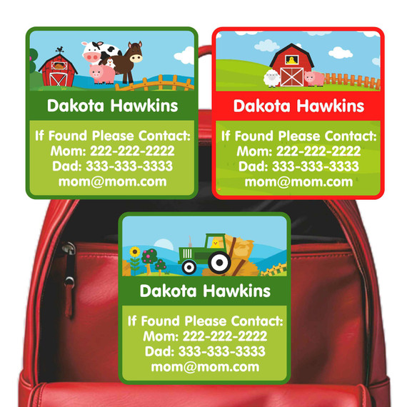 Farm Animals emergency contact labels — personalized phone number stickers for kids
