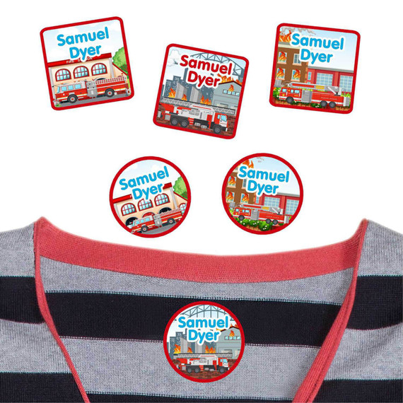 Fire Trucks peel and stick clothing labels for kids — clothing stickers made to order