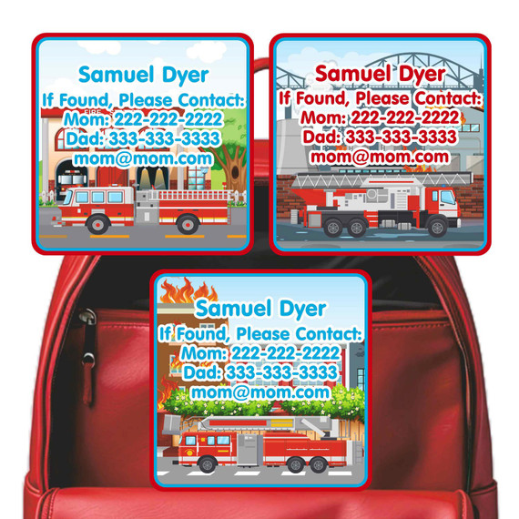 Fire Trucks emergency contact labels — personalized phone number stickers for kids