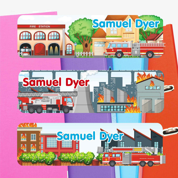 Fire Trucks extra large waterproof name labels — name stickers for water bottles and school gear