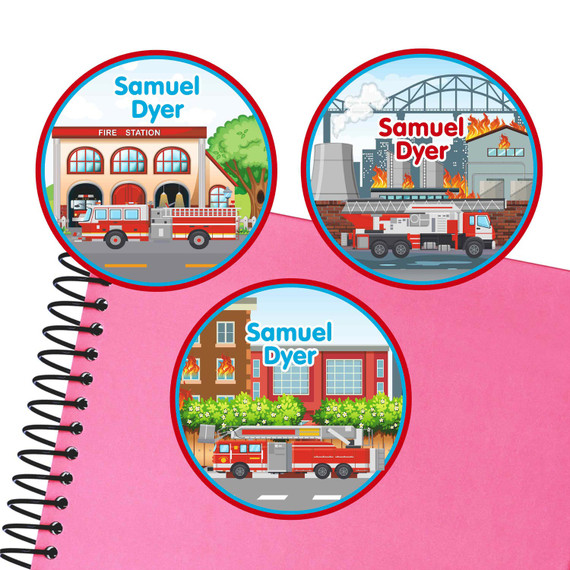 Fire Trucks large round labels — waterproof name stickers for kids