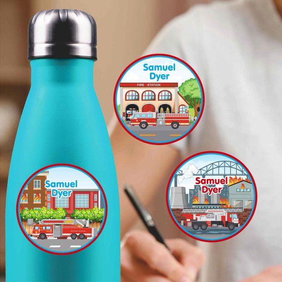 Fire Trucks medium round labels — waterproof circle name stickers for kids