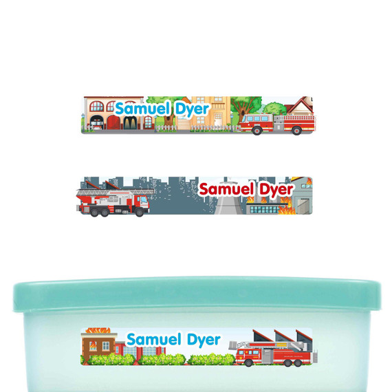 Fire Trucks slim name stickers — waterproof stickers for water bottles and small containers