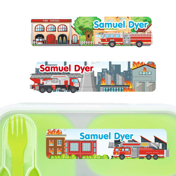 Fire Trucks large rectangle name labels — waterproof sticker labels for school supplies and water bottles