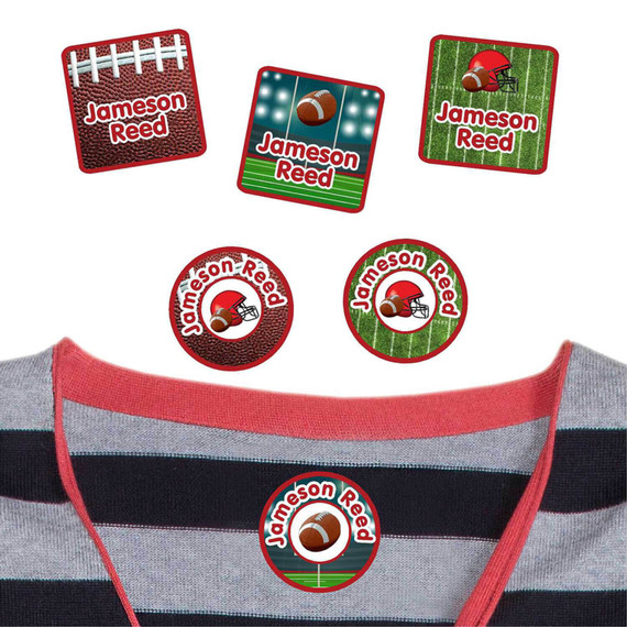 Football peel and stick clothing labels for kids — clothing stickers made to order
