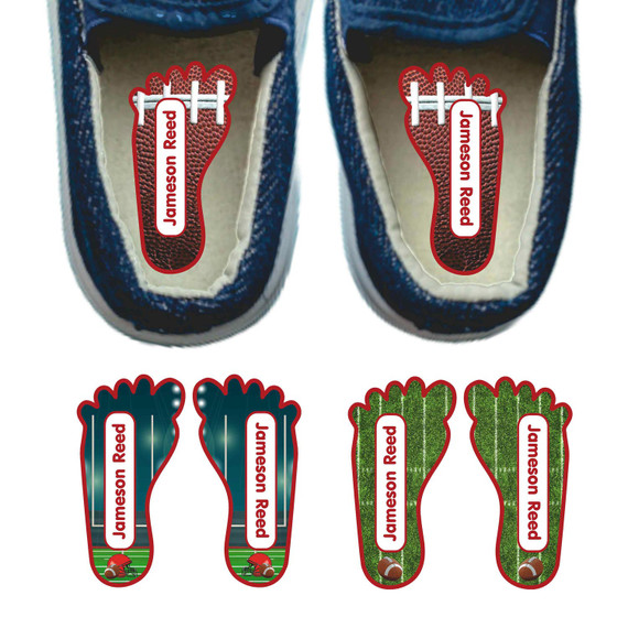 Football foot labels for shoes — left and right foot-shaped shoe stickers
