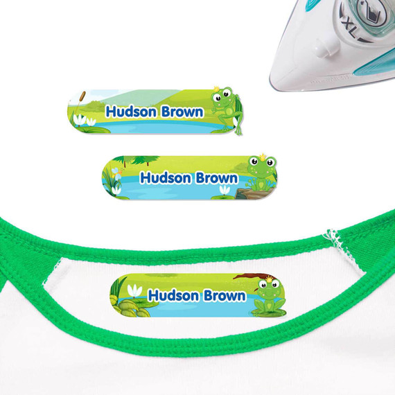 Frogs iron on nametags for clothes — personalized iron-on clothing labels for kids