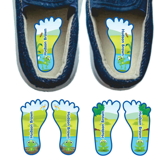 Frogs foot labels for shoes — left and right foot-shaped shoe stickers