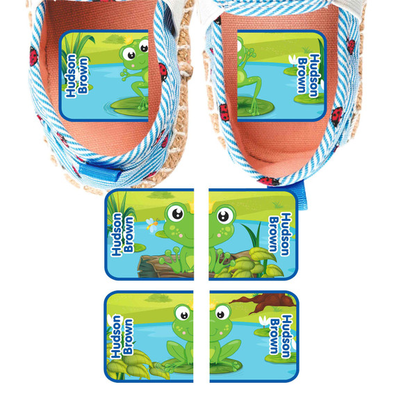 Frogs picture matching design shoe labels shoes on wrong feet solution