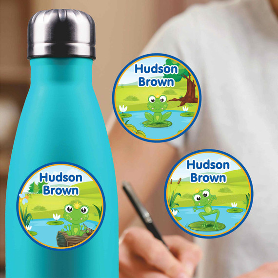 Frogs medium round labels — waterproof circle name stickers for kids