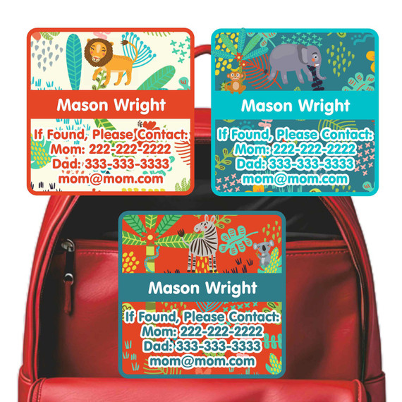 Jungle Animals emergency contact labels — personalized phone number stickers for kids