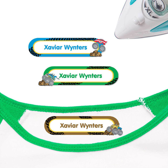 Monster Trucks iron on nametags for clothes — personalized iron-on clothing labels for kids