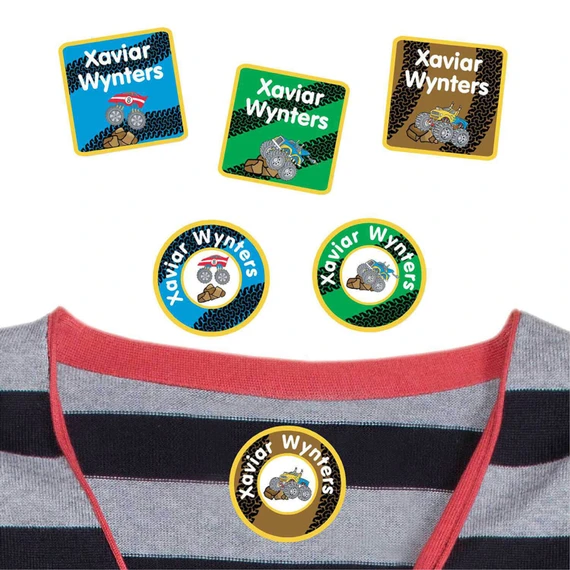 Monster Trucks peel and stick clothing labels for kids — clothing stickers made to order