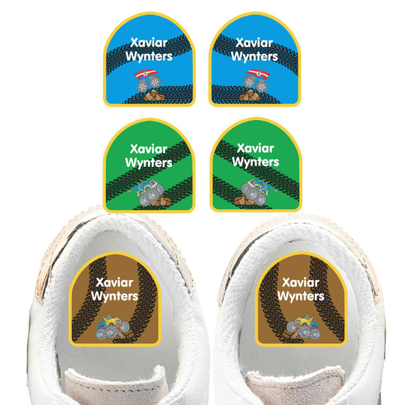 Monster Trucks shoe name labels — personalized waterproof labels for shoes