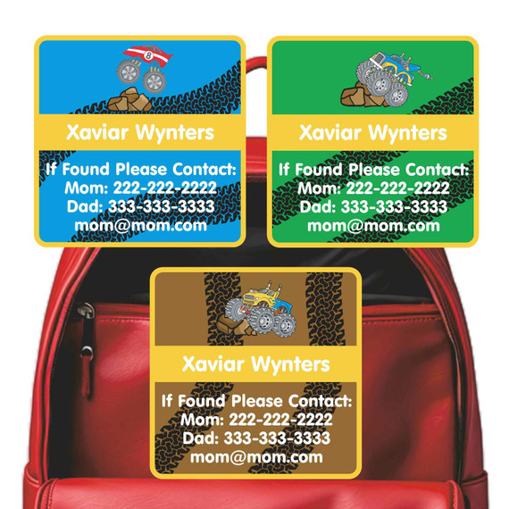 Monster Trucks emergency contact labels — personalized phone number stickers for kids