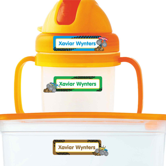Monster Trucks extra small waterproof name stickers — mini sticker labels for small items and gear