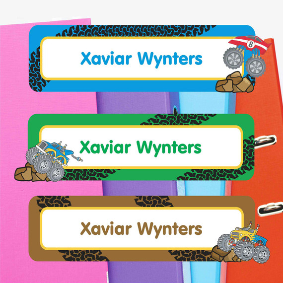 Monster Trucks extra large waterproof name labels — name stickers for water bottles and school gear