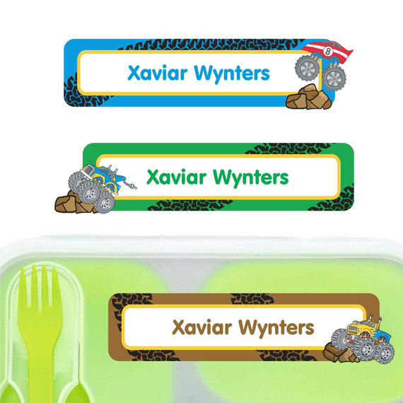 Monster Trucks large rectangle name labels — waterproof sticker labels for school supplies and water bottles