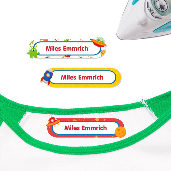 Outer Space iron on nametags for clothes — personalized iron-on clothing labels for kids