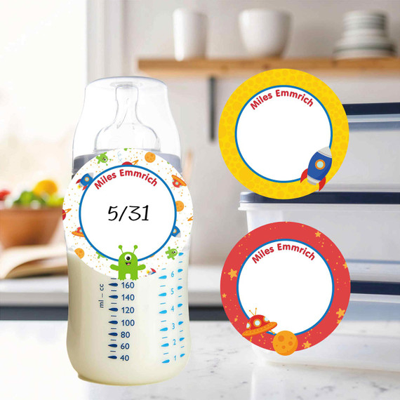 Outer Space small round write-on labels — reusable waterproof daycare
