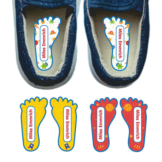 Outer Space foot-shaped labels teaching left and right shoes Outer Space foot-shaped labels teaching left and right shoes