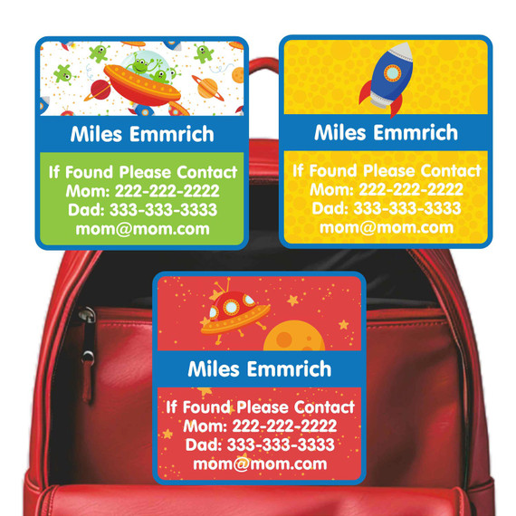 Outer Space emergency contact labels — personalized phone number stickers for kids