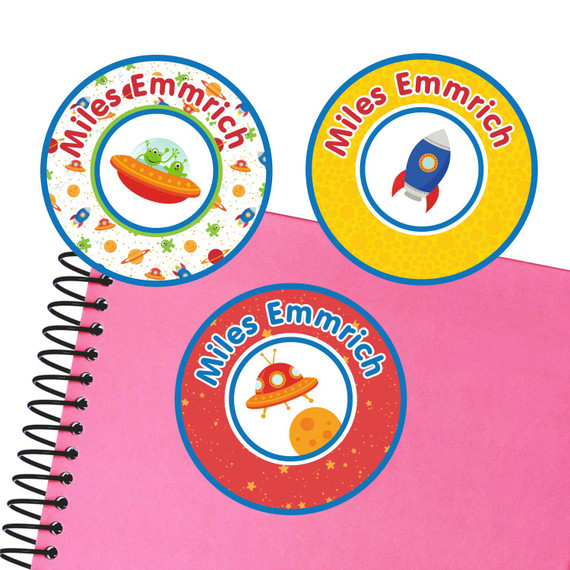 Outer Space large round labels — waterproof name stickers for kids