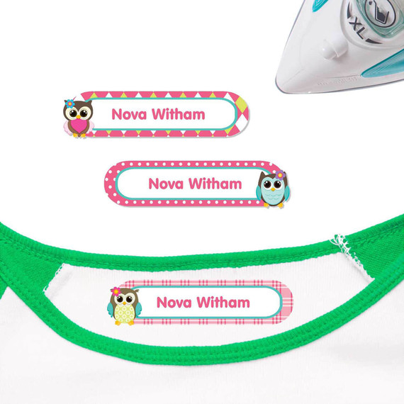 Owls iron on nametags for clothes — personalized iron-on clothing labels for kids