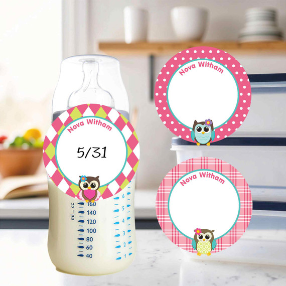 Owls small round write-on labels — reusable waterproof daycare