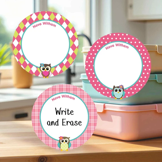 Tear-resistant large round write-on labels owl design personalized name tags