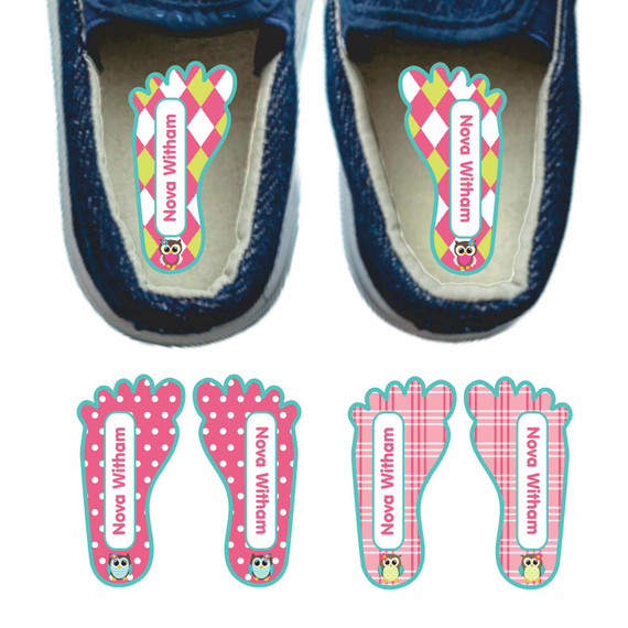 Owls foot labels for shoes — left and right foot-shaped shoe stickers