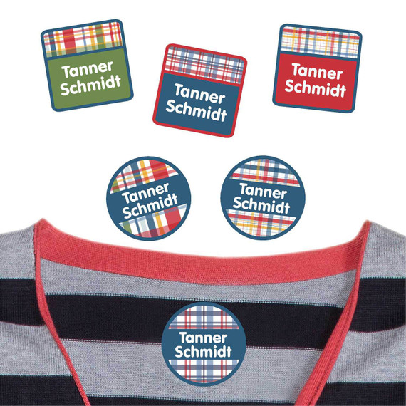 Tough Perfectly Plaid stick on clothing labels for camp on a child's shirt. These labels survive the wash and dryer every time.