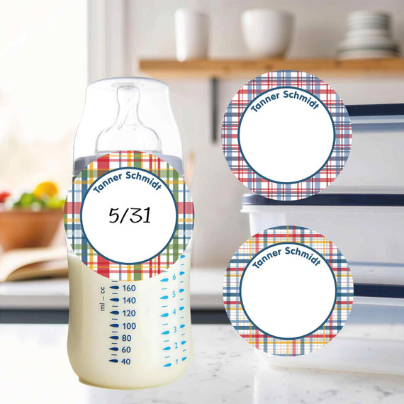 Perfectly Plaid small round write-on labels — reusable waterproof daycare