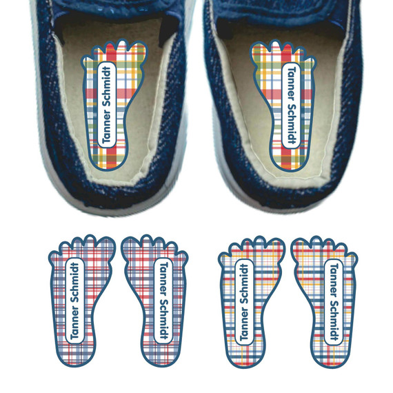 Perfectly Plaid foot-shaped labels teaching left and right shoes Perfectly Plaid foot-shaped labels teaching left and right shoes