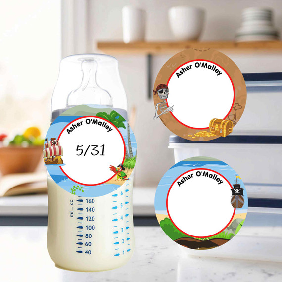 Pirates small round write-on labels — reusable waterproof daycare