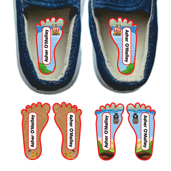 Pirates foot labels for shoes — left and right foot-shaped shoe stickers