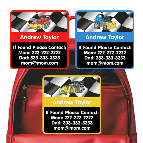 Race Cars emergency contact labels — personalized phone number stickers for kids