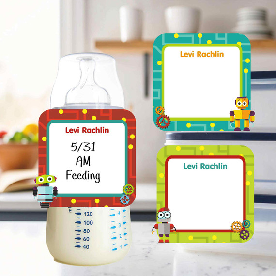 Little Robots small square write-on labels — reusable waterproof daycare