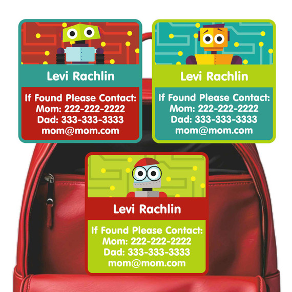 Little Robots emergency contact labels — personalized phone number stickers for kids
