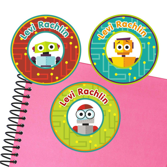Little Robots large round labels — waterproof name stickers for kids