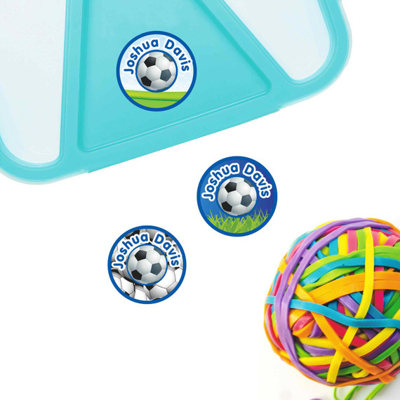 Goal! Soccer small round name labels — waterproof circle stickers for kids