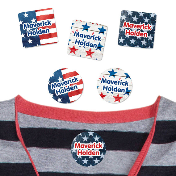 Durable waterproof stick on clothing labels for Stars and Stripes labels shown on a t-shirt. High-quality tags that stay stuck.